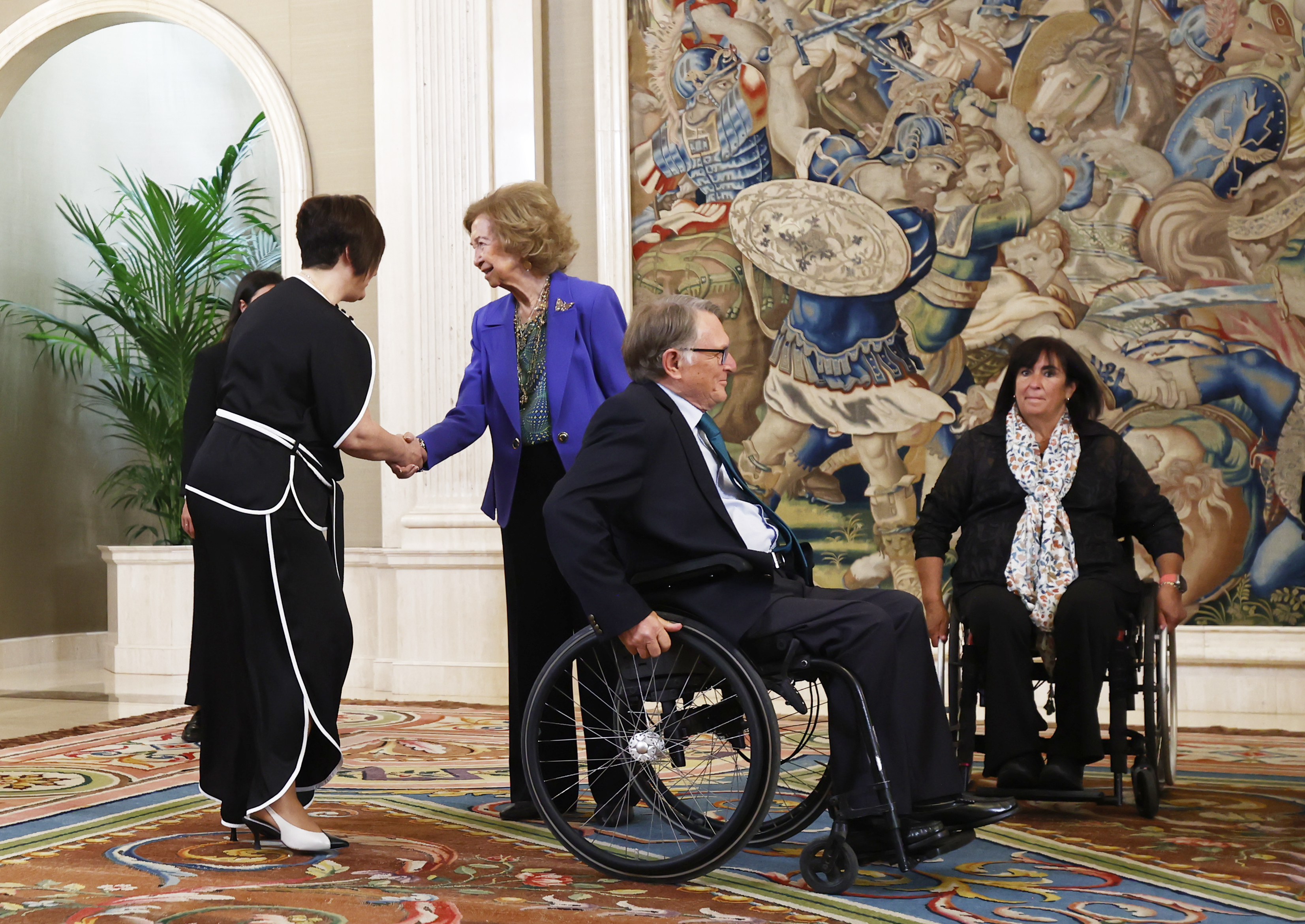 La Reina Sofía durante la audiencia con representantes de la Fundación del Lesionado Medular, en el Palacio de la Zarzuela, el 20 de abril de 2026, en Madrid, España. | Fuente: Getty Images