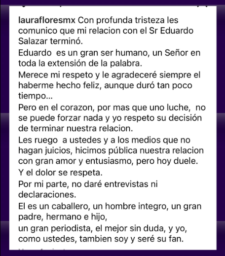 Comunicado de Laura Flores sobre la ruptura de su relación con Lalo Salazar. | Fuente: Facebook/De Primera Mano.