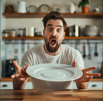 Un hombre sorprendido tirando un plato del mostrador | Fuente: Midjourney