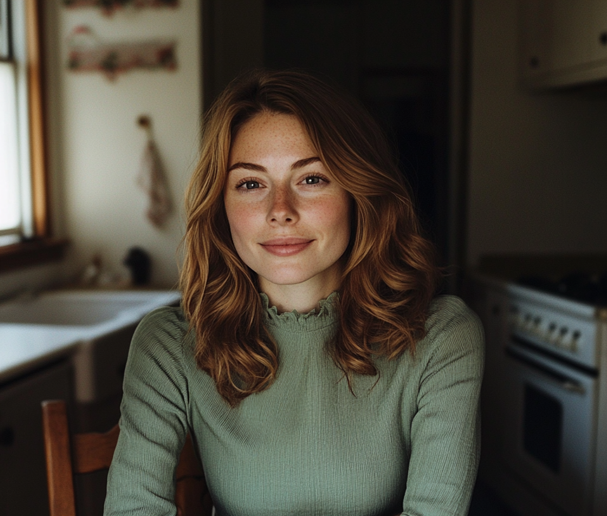 Una mujer sentada a la mesa de la cocina | Fuente: Midjourney