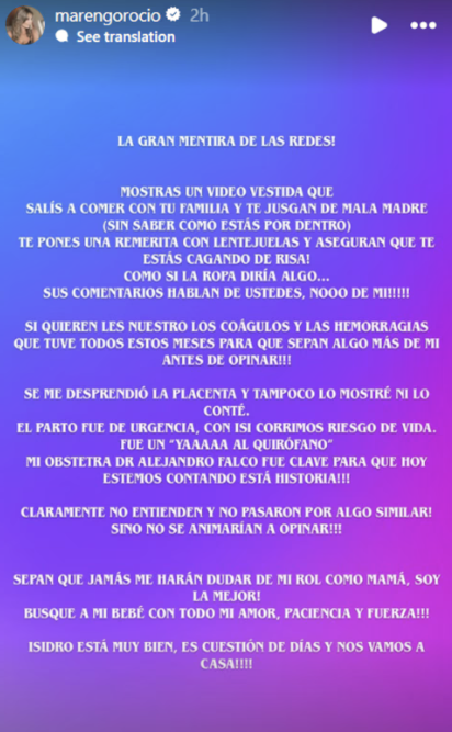 El descargo de Rocío Marengo. | Foto: instagram.com/marengorocio