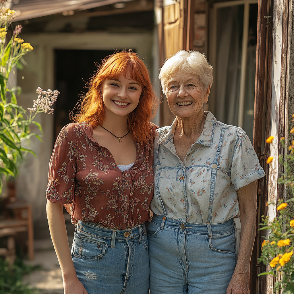 Una mujer y su madre delante de la casa | Fuente: Midjourney