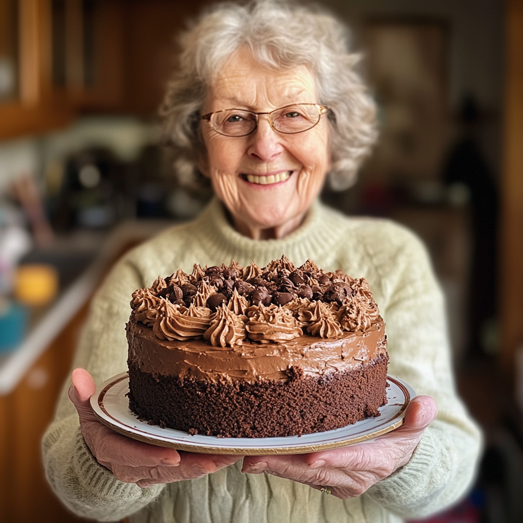 Una abuela sosteniendo un Pastel de chocolate | Fuente: Midjourney