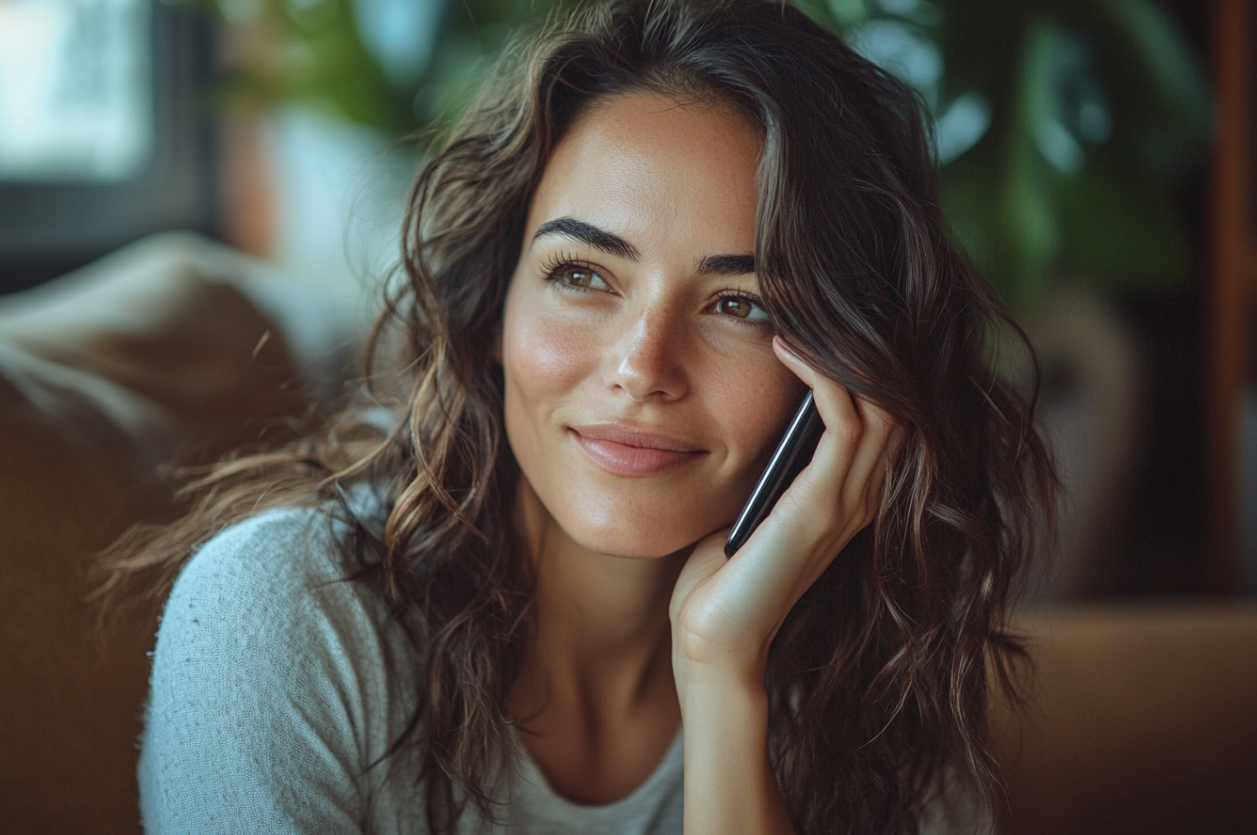 Una mujer sonriente en una llamada telefónica | Fuente: Midjourney