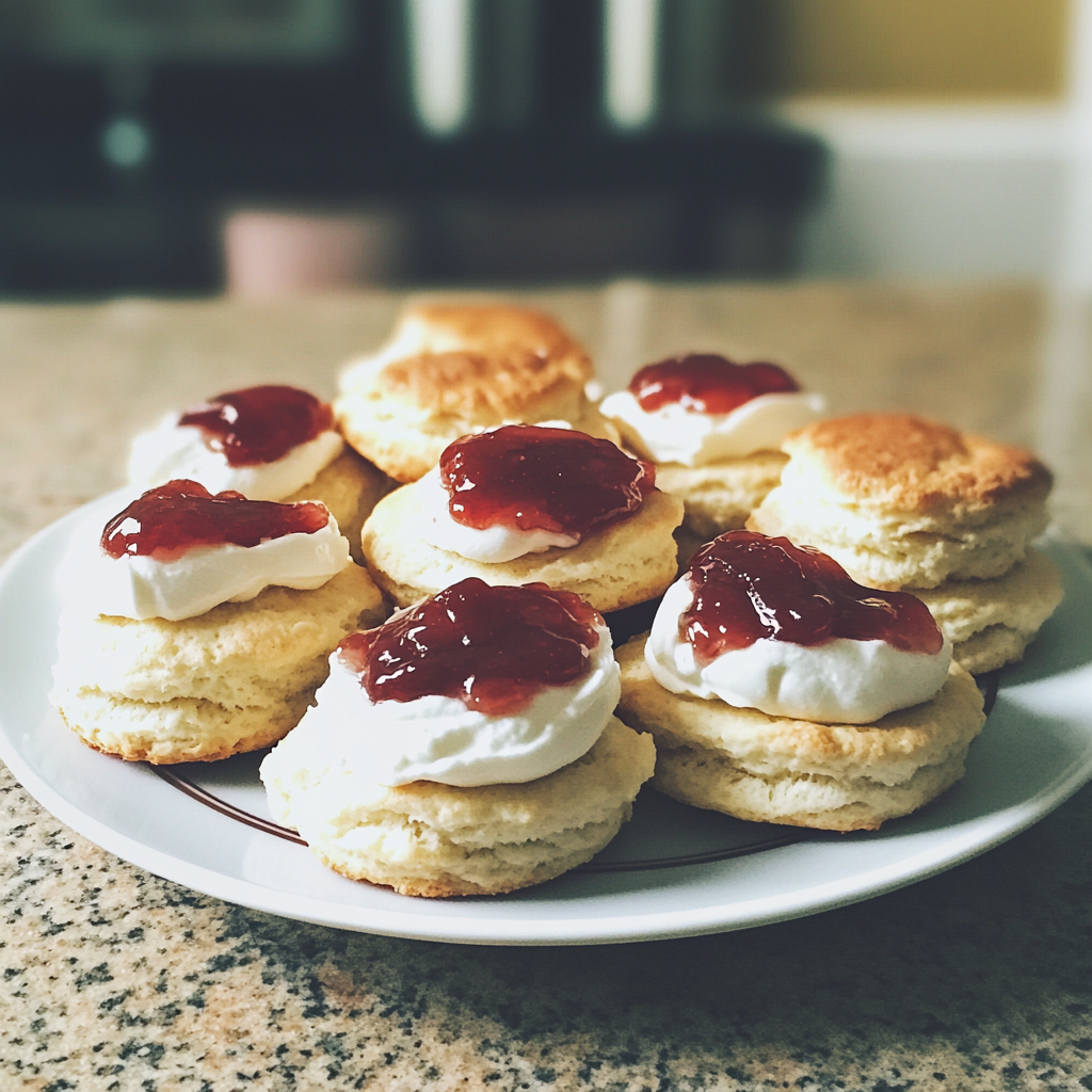 Un plato de bollos con nata y mermelada | Fuente: Midjourney