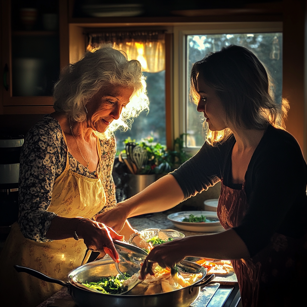 Mujer y su suegra preparando la cena | Fuente: Midjourney