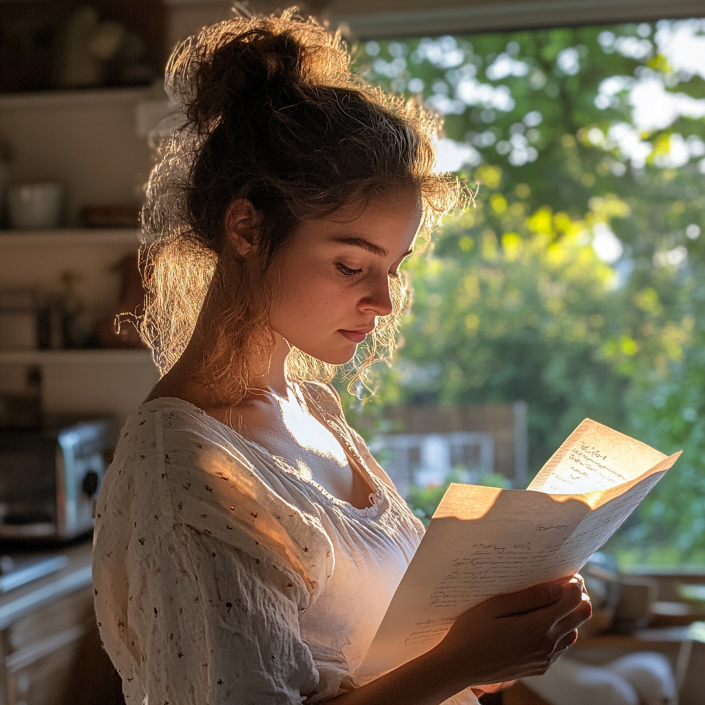 Mujer joven leyendo una carta | Fuente: Midjourney