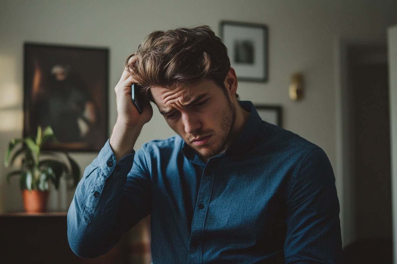 Un hombre se lleva el teléfono a la frente, con cara de frustración | Fuente: Midjourney