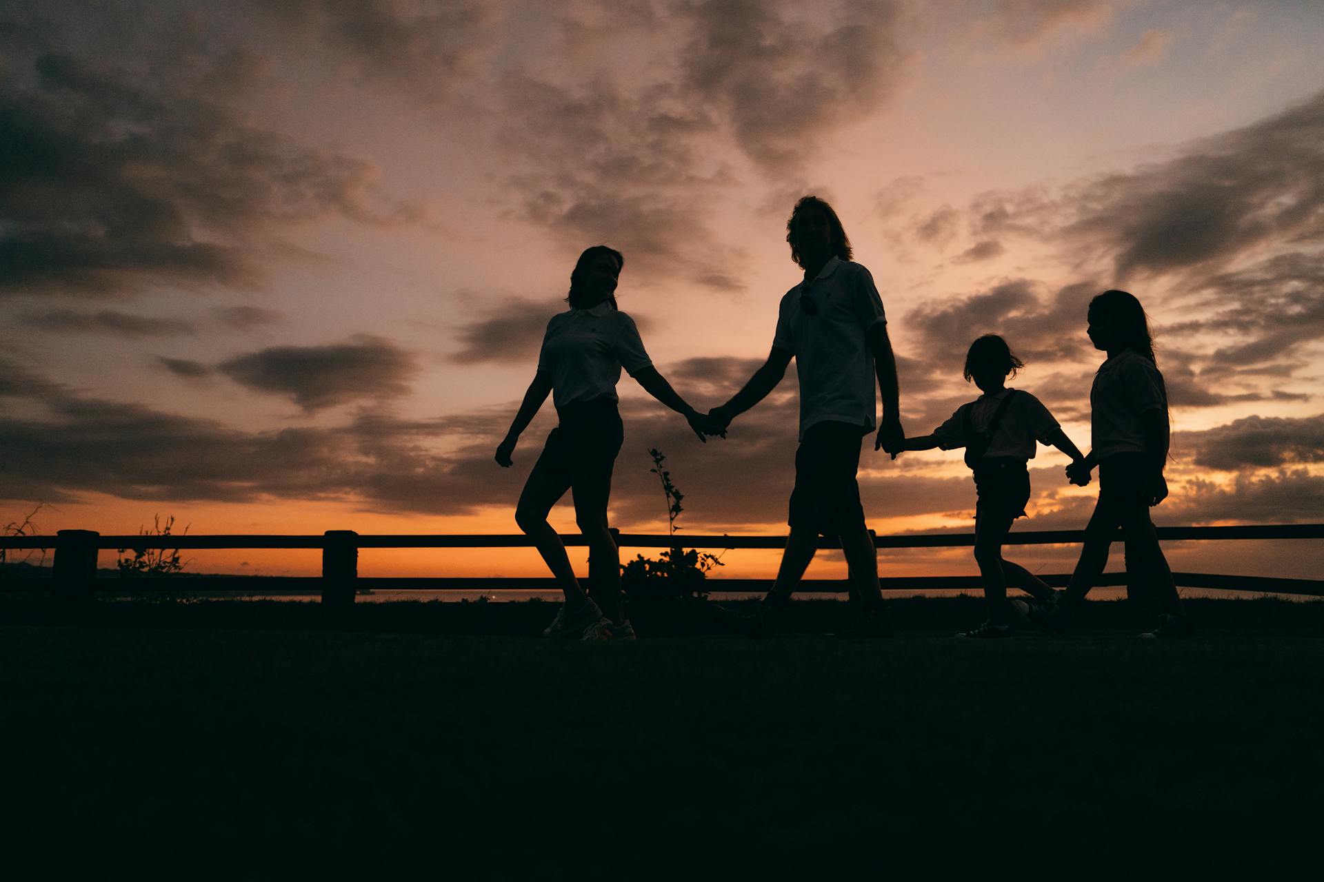 Silueta de una familia tomada de la mano y caminando juntos | Fuente: Pexels