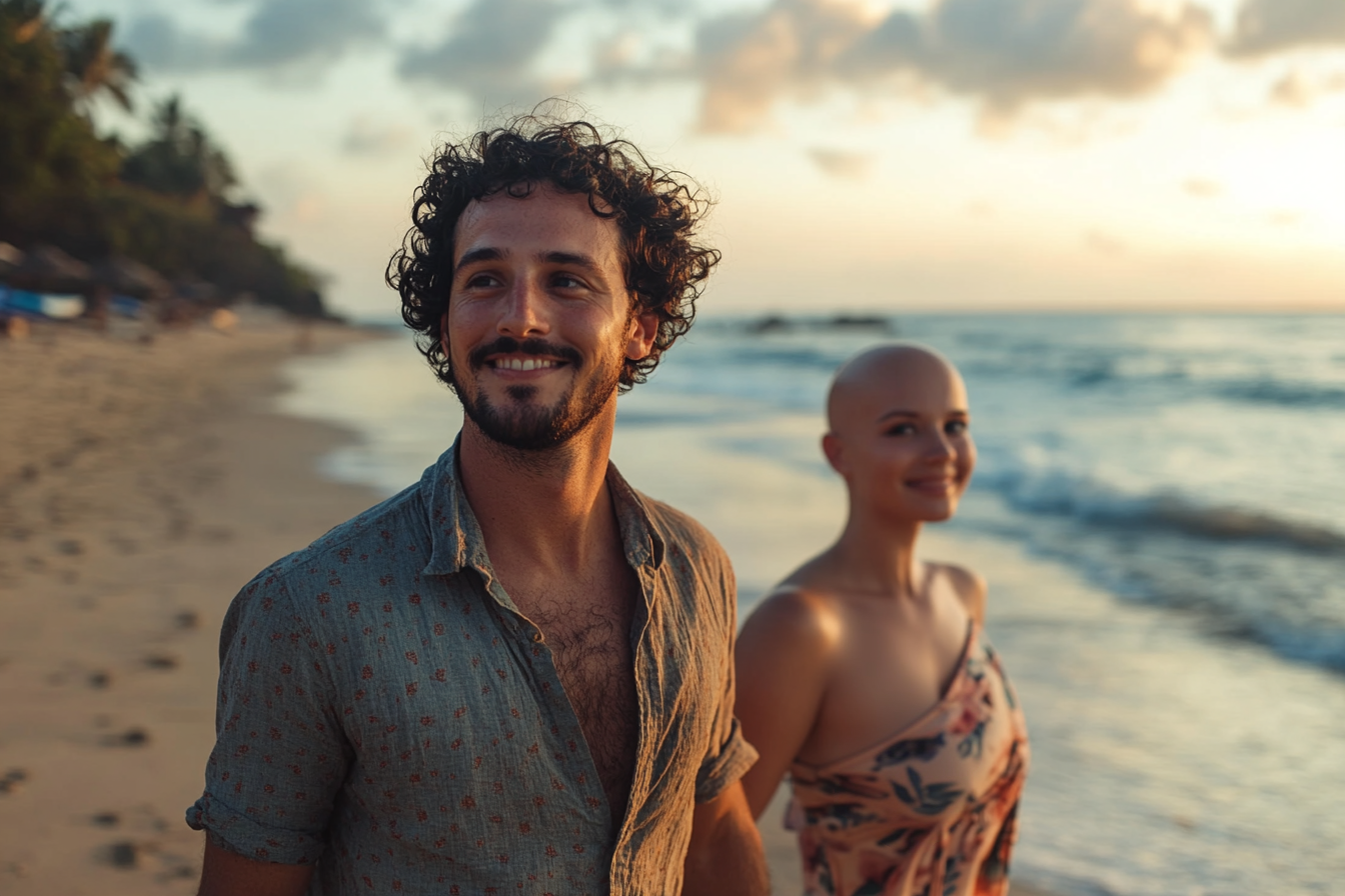 Un hombre y una mujer caminando juntos por la playa | Fuente: Midjourney