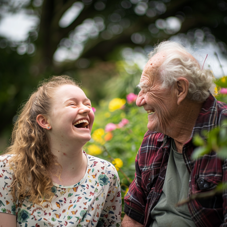 Una mujer riendo con su abuelo al aire libre | Fuente: Midjourney