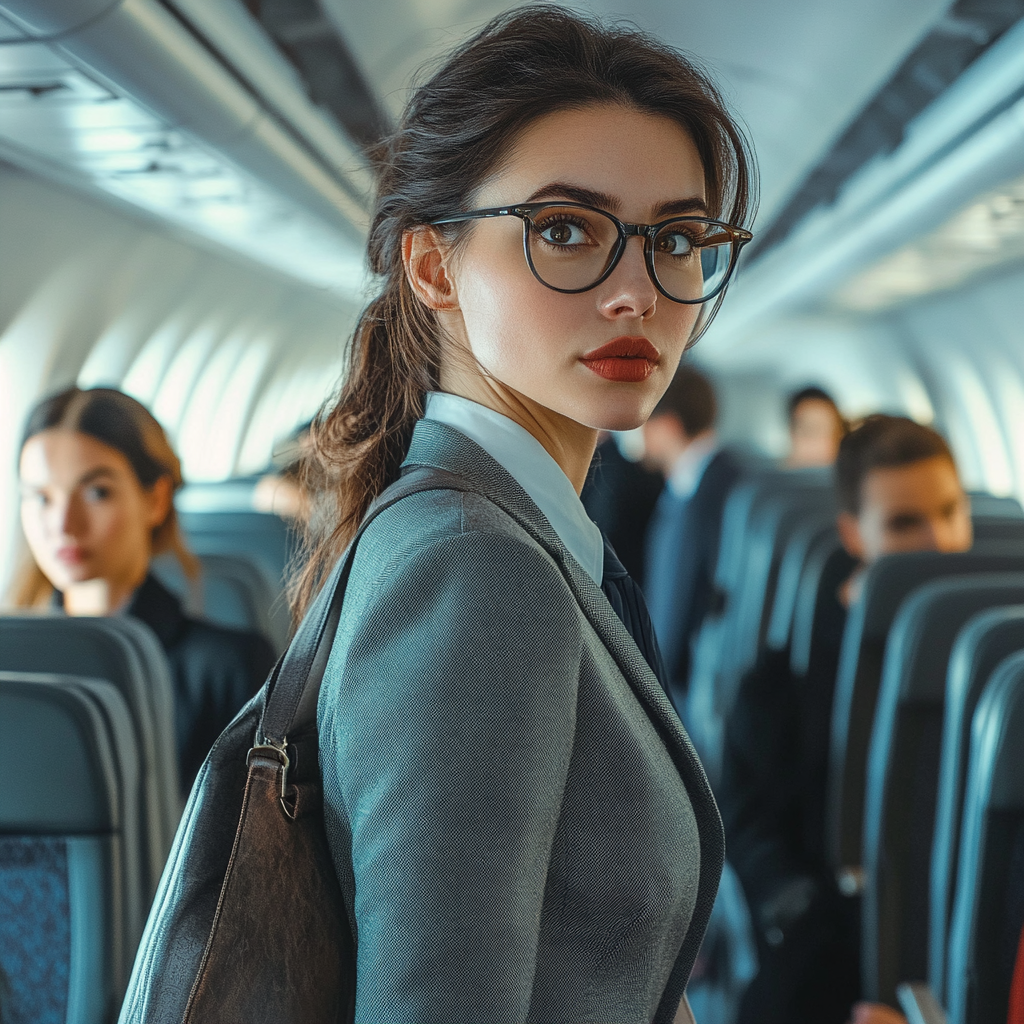 La mujer escucha un anuncio mientras se prepara para salir del avión | Fuente: Midjourney