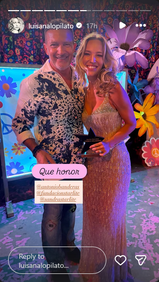 Luisana Lopilato junto al actor Antonio Banderas durante la gala de la Fundación Starlite en Marbella | Fuente: Instagram Stories/luisanalopilato