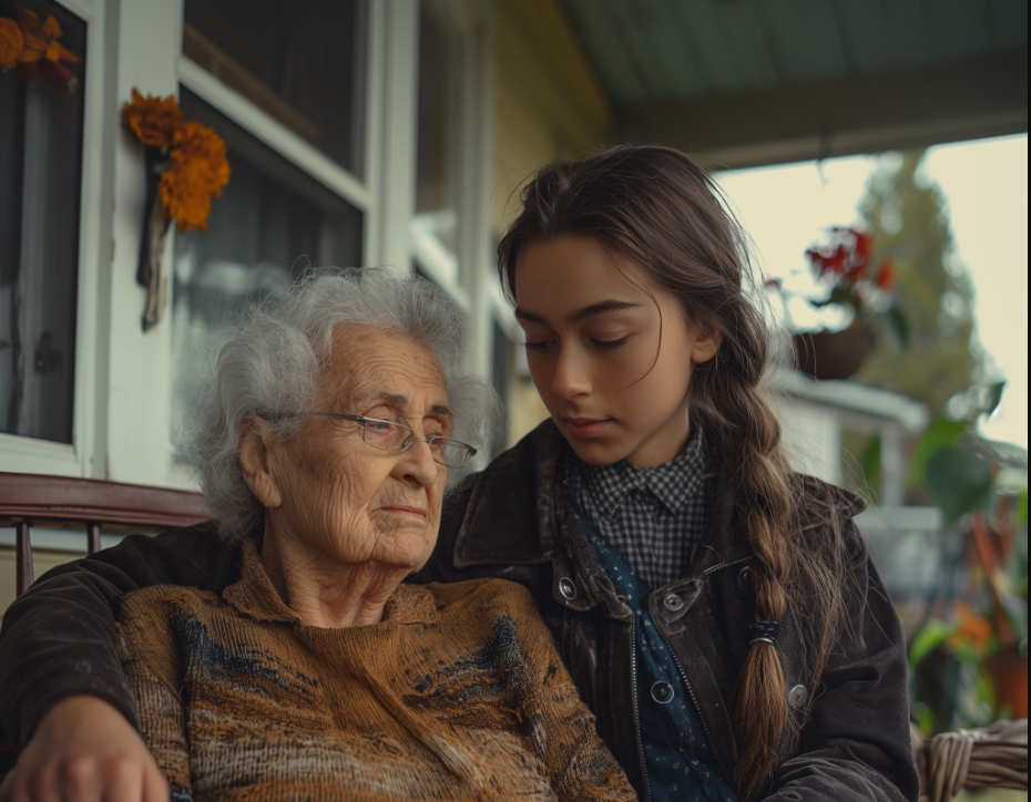 Una niña consolando a una anciana | Fuente: Midjourney