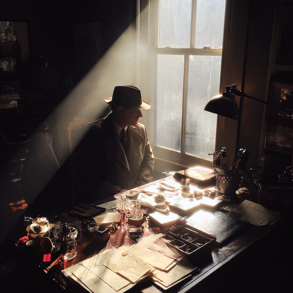 Un detective sentado en su escritorio | Fuente: Midjourney