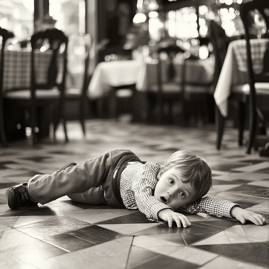 Joven cayendo al suelo de un restaurante | Fuente: Midjourney