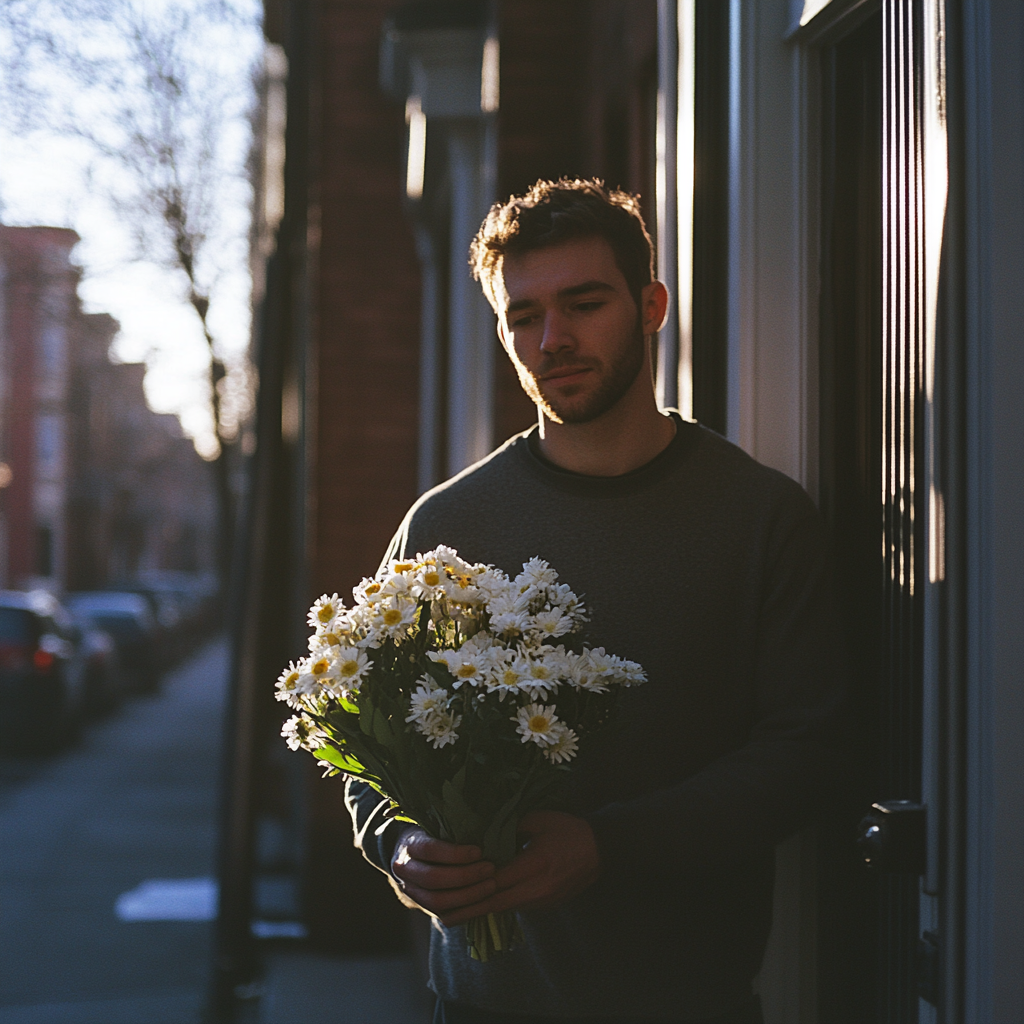 Un hombre con flores en la puerta de un Apartamento | Fuente: Midjourney