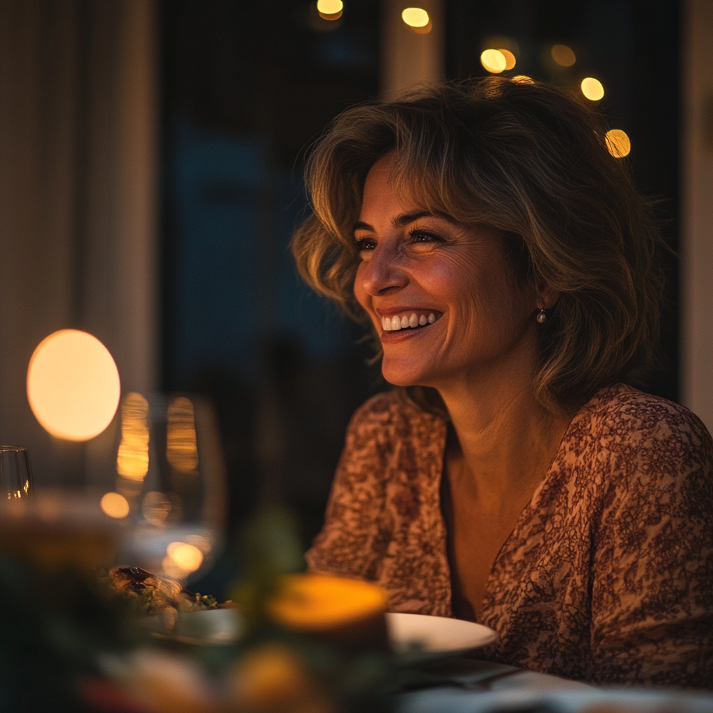 Una mujer sonriendo en la mesa | Fuente: Midjourney