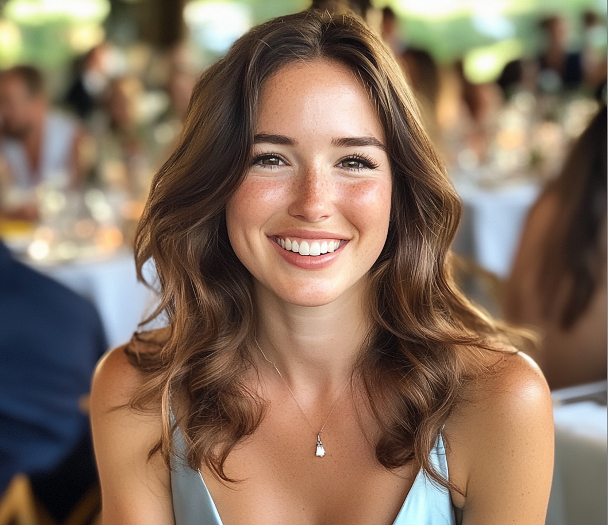 Una mujer sonriente sentada en una boda | Fuente: Midjourney