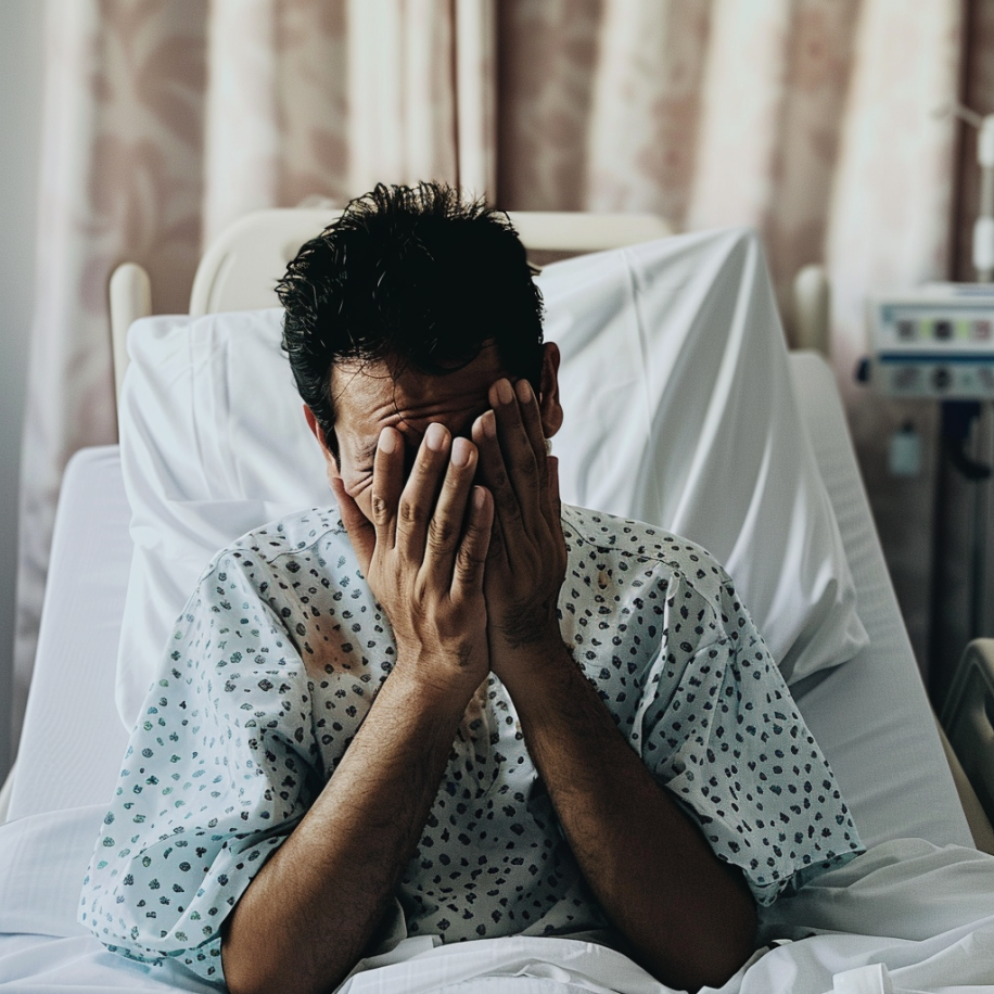 Un hombre deprimido cubriéndose la cara con las manos mientras yace en la cama de un hospital | Fuente: Midjourney