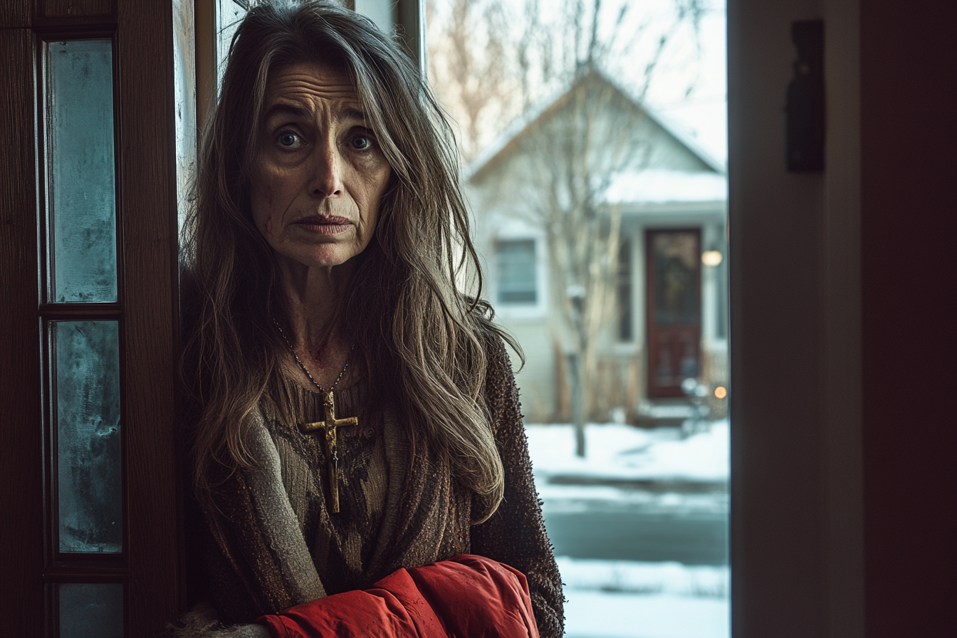 Una mujer de unos 60 años, desaliñada y con la ropa sucia, se encuentra ante la puerta de una casa sosteniendo tímidamente una chaqueta roja | Fuente: Midjourney