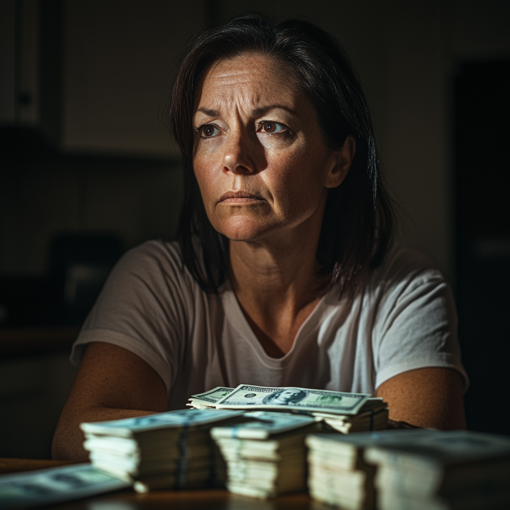 Una donna che guarda le mazzette di banconote davanti a sé | Fonte: Midjourney