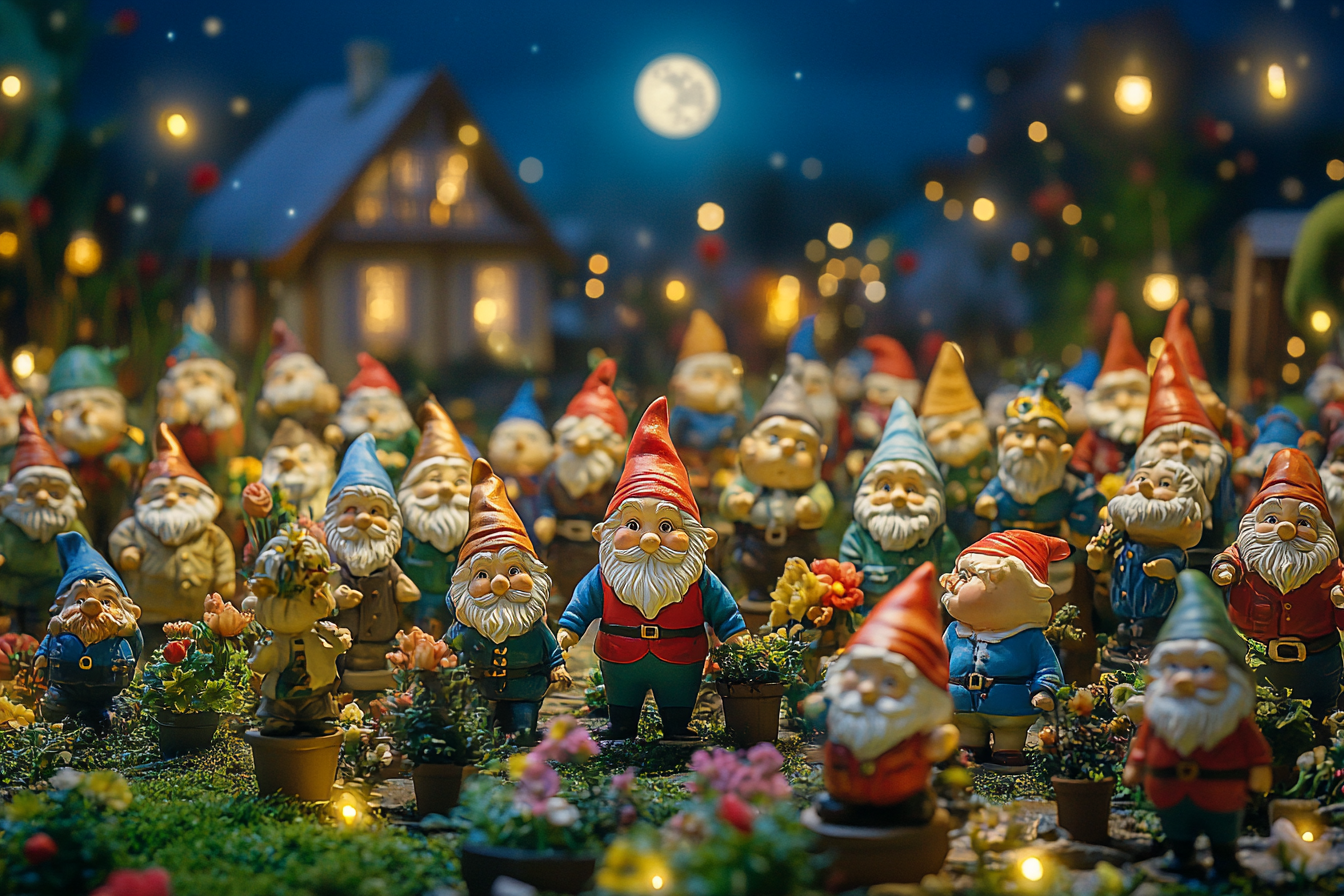 Un colorido surtido de gnomos de jardín en el exterior de una casa por la noche | Fuente: Midjourney