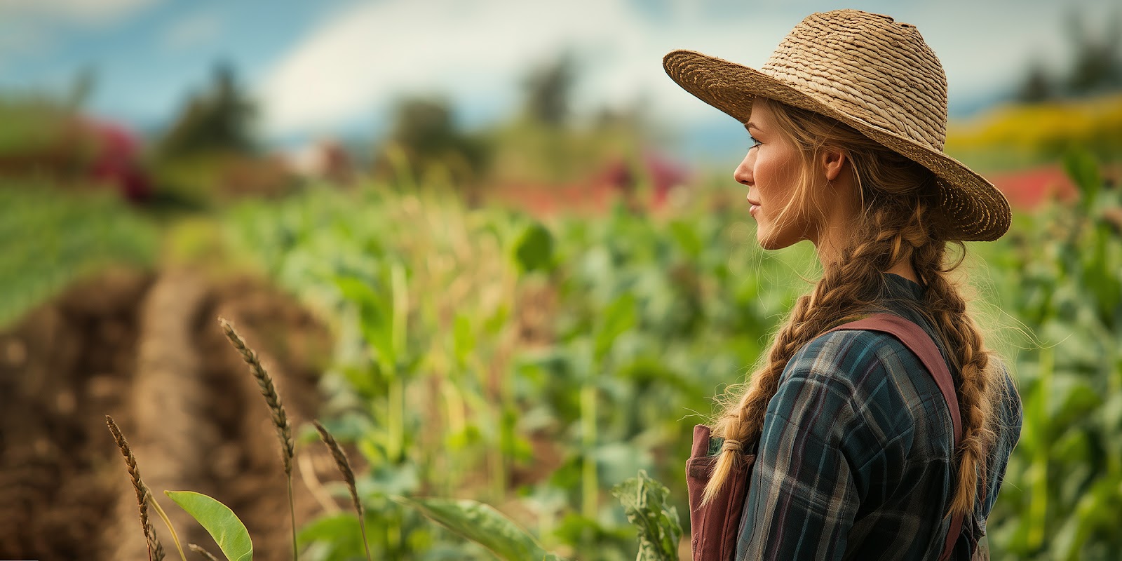 Una mujer con sombrero en la granja | Fuente: Midjourney