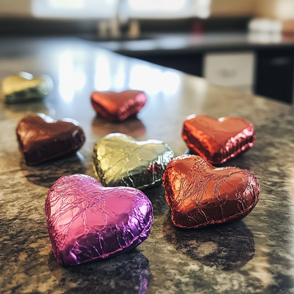 Bombones en forma de corazón sobre un mostrador | Fuente: Midjourney