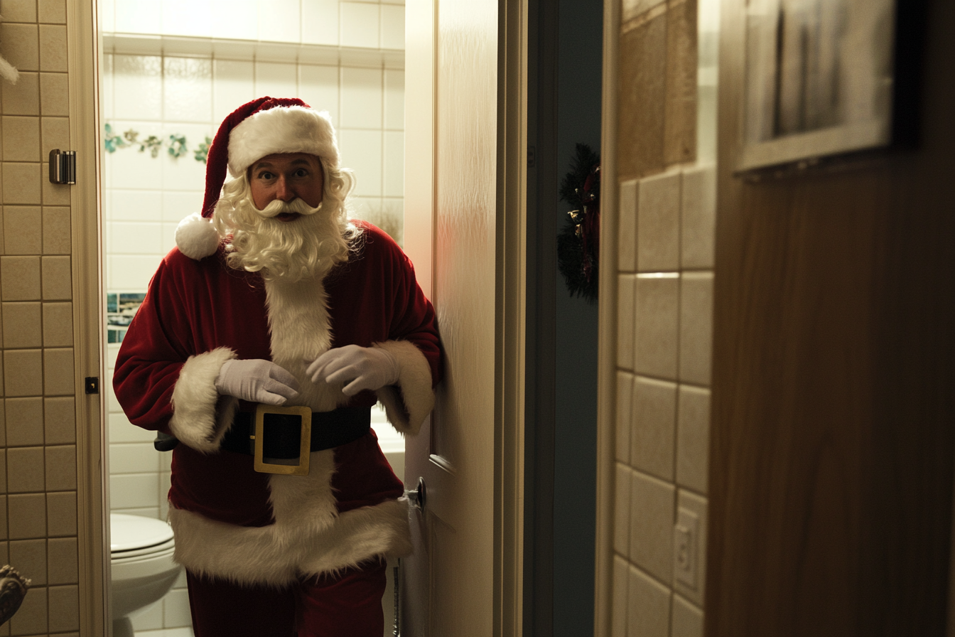 Un hombre vestido de Papá Noel saliendo del baño | Fuente: Midjourney