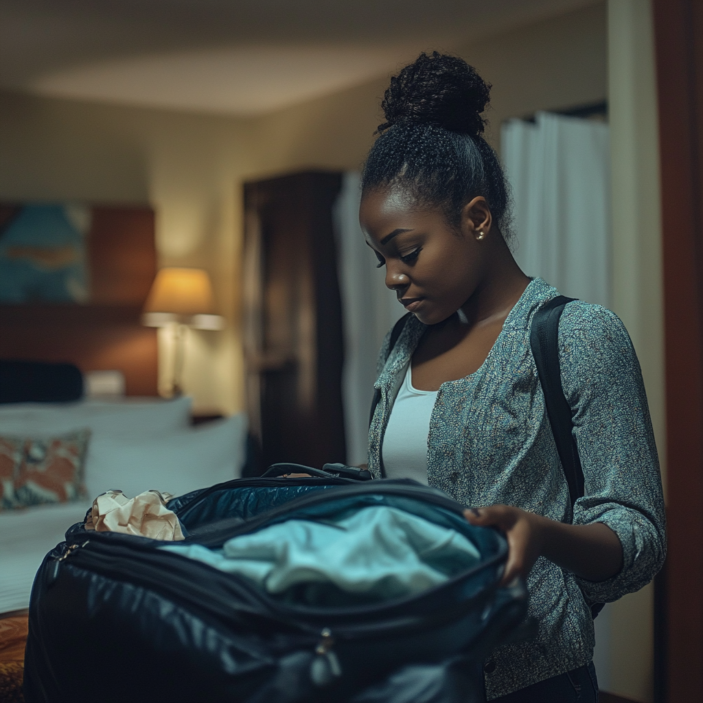 Una mujer haciendo la maleta en una habitación de hotel | Fuente: Midjourney