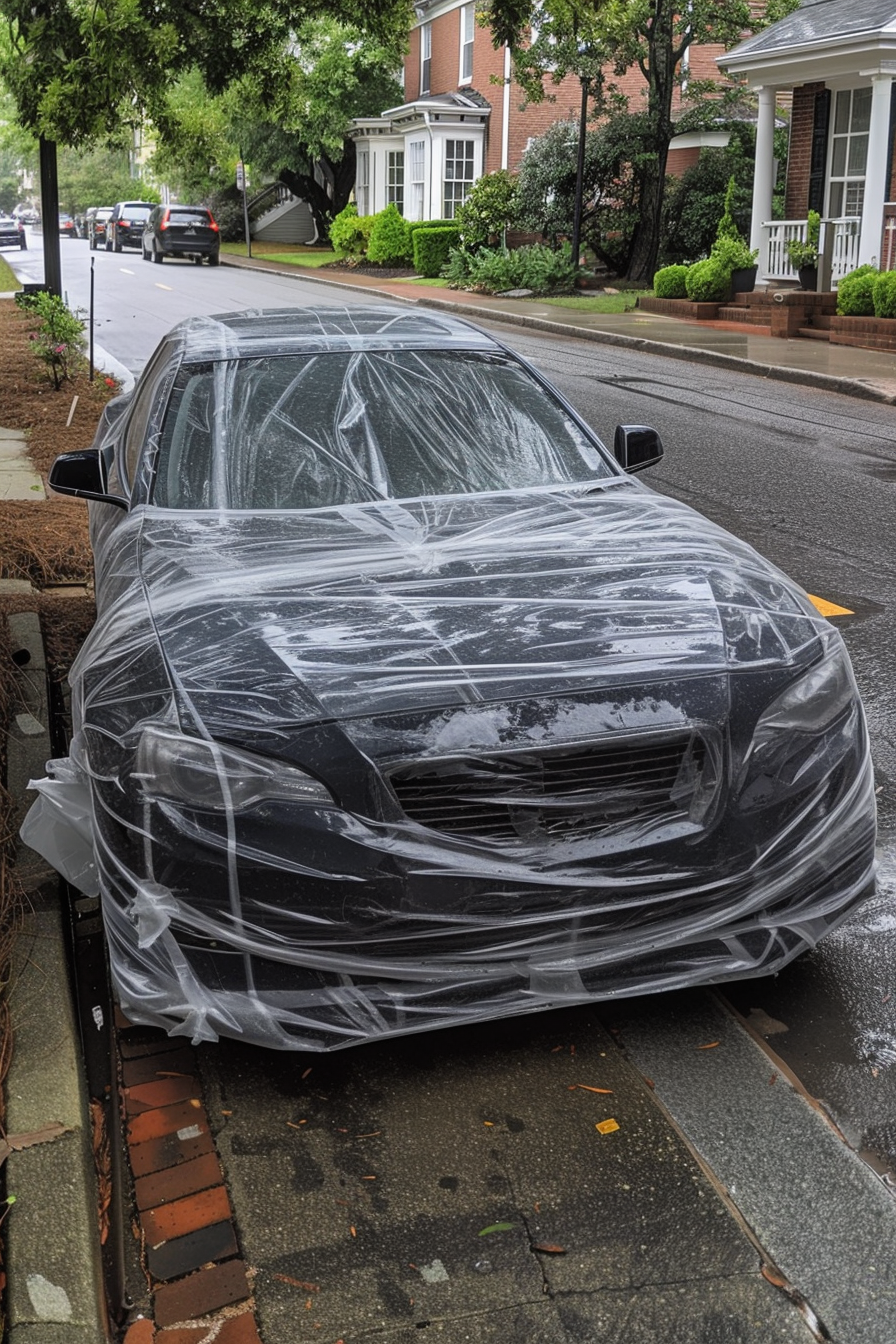 Un Automóvil envuelto en cinta de plástico parado en un Vecindario | Fuente: Midjourney