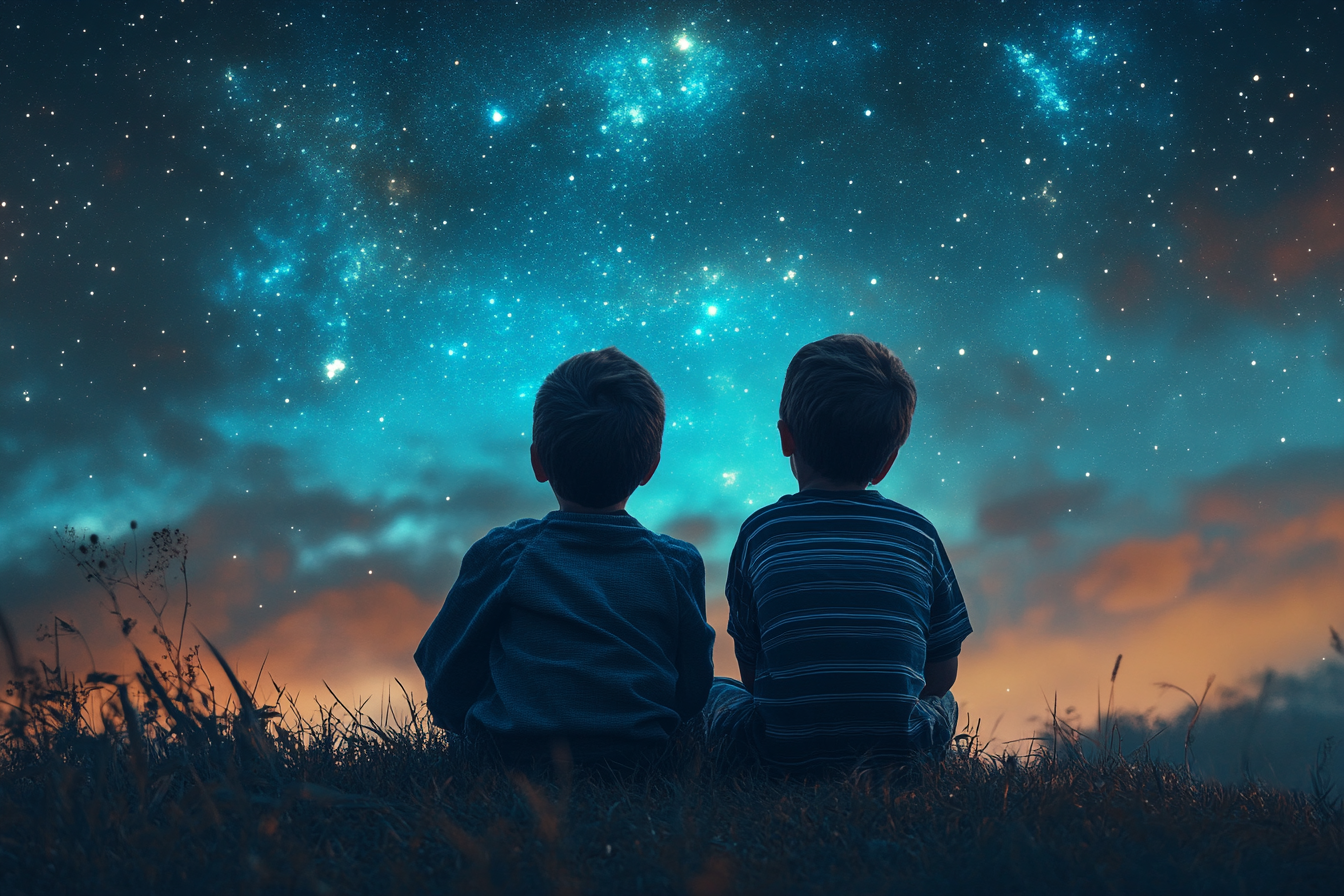 Dos niños sentados en la hierba y observando el cielo nocturno | Fuente: Midjourney