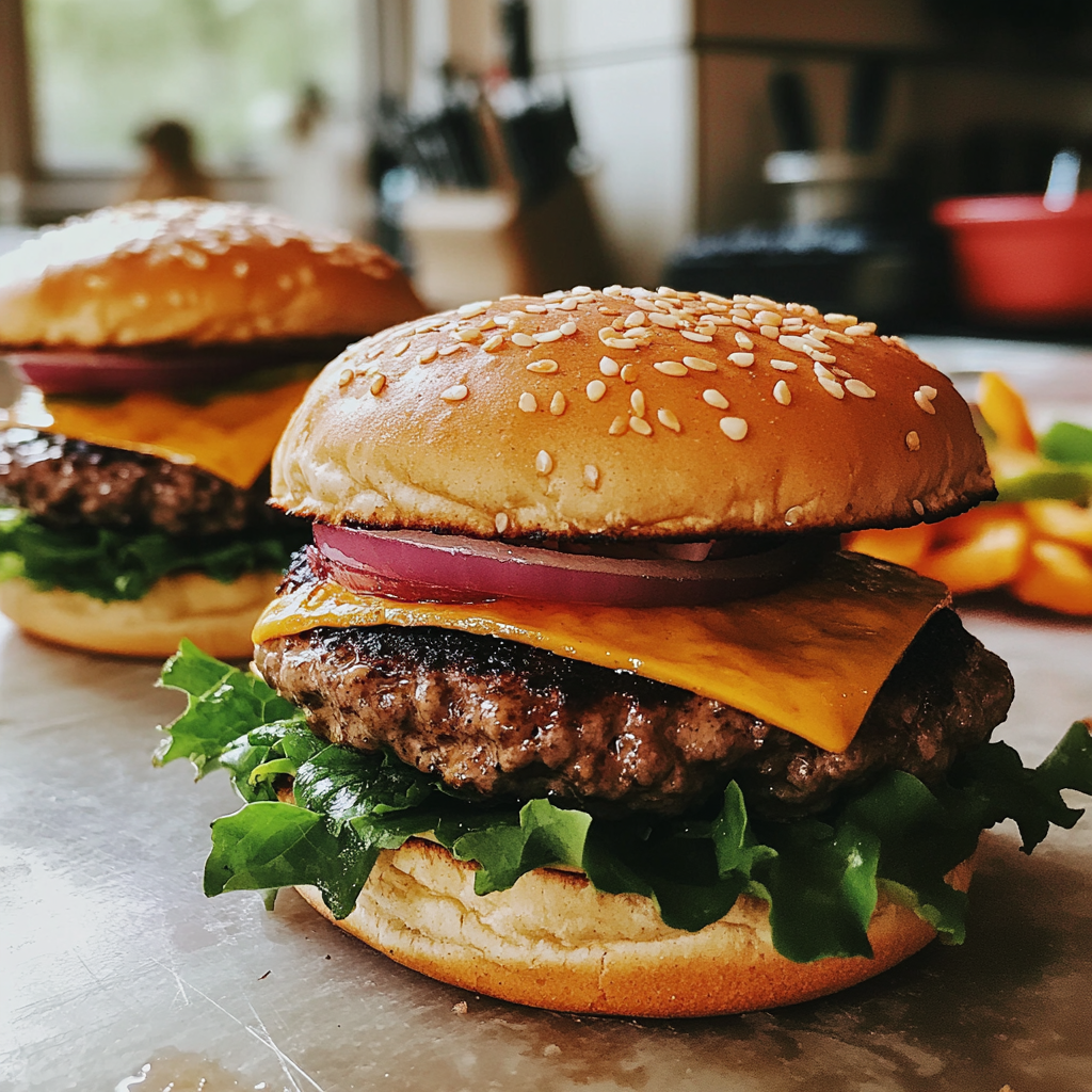 Un primer plano de hamburguesas sobre una tabla de madera | Fuente: Midjourney