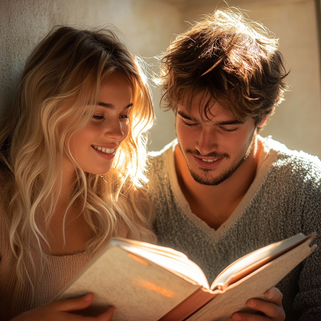 Una coppia che guarda un taccuino | Fonte: Midjourney