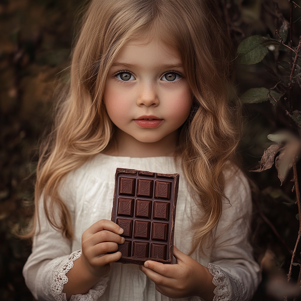 Una niña enseñando su tableta de chocolate | Fuente: Midjourney