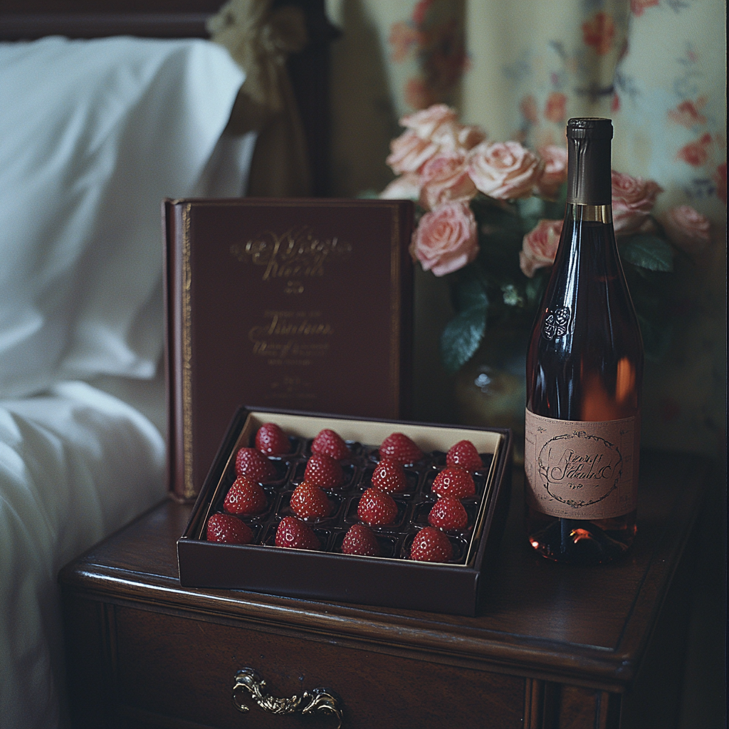 Una Biblia, una caja de fresas y una botella de vino sobre la mesilla auxiliar de un dormitorio | Fuente: Midjourney
