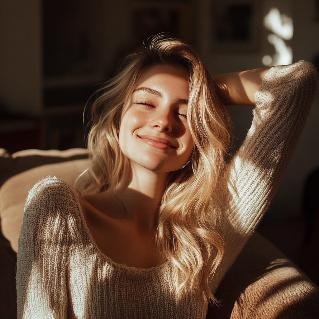 Una donna bionda che sorride | Fonte: Midjourney