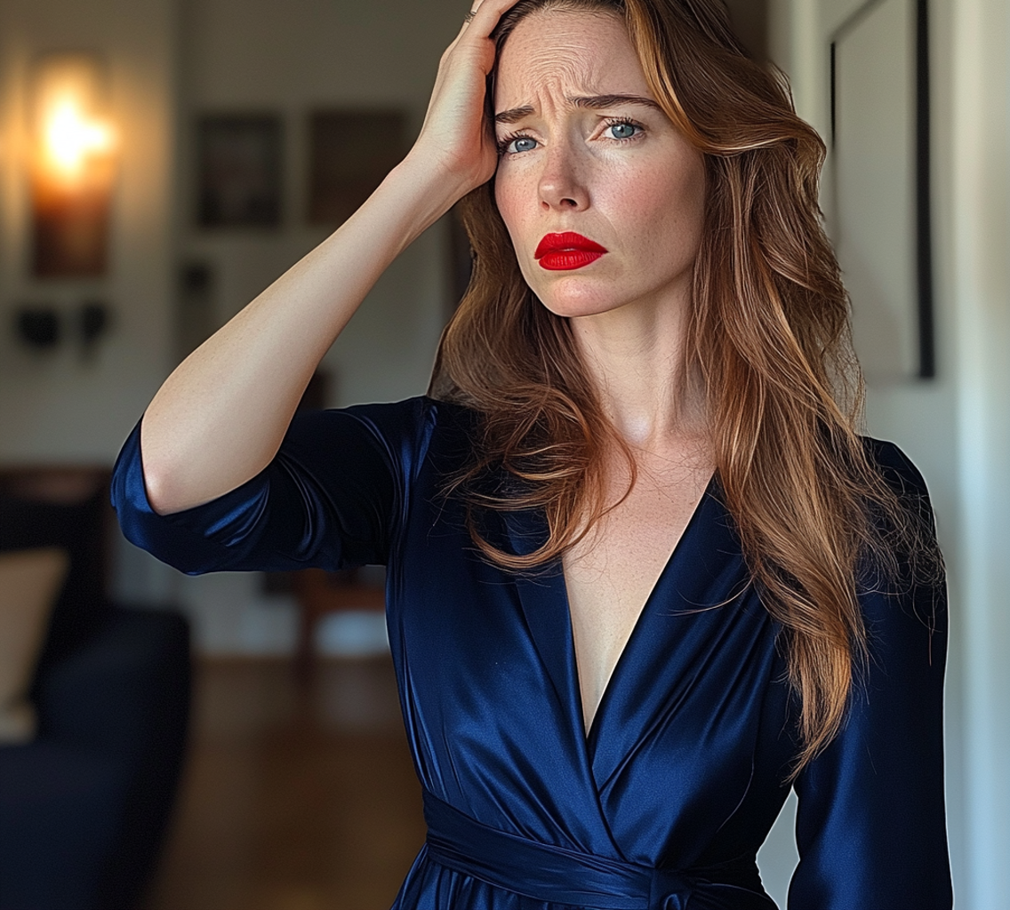 Una mujer con la mano en la cabeza | Fuente: Midjourney