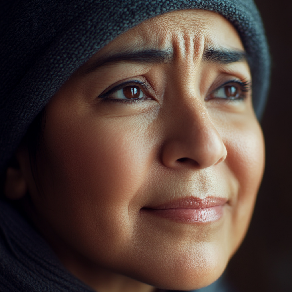 Una mujer sonriente mirando hacia arriba | Fuente: Midjourney