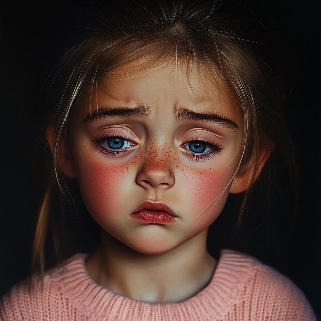 Una niña triste con los ojos bajos | Fuente: Midjourney