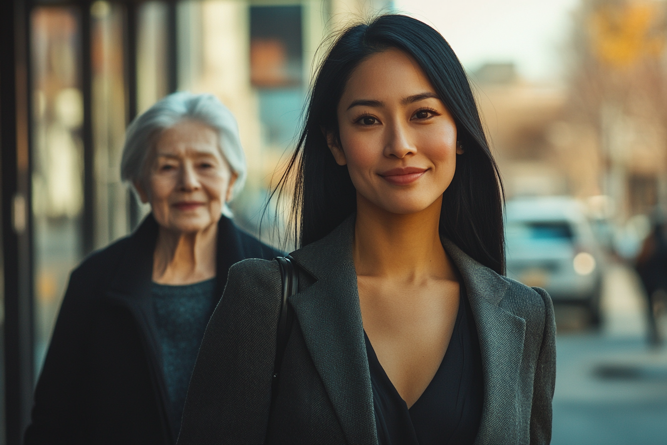 Una empresaria camina feliz por la calle con su madre | Fuente: Midjourney