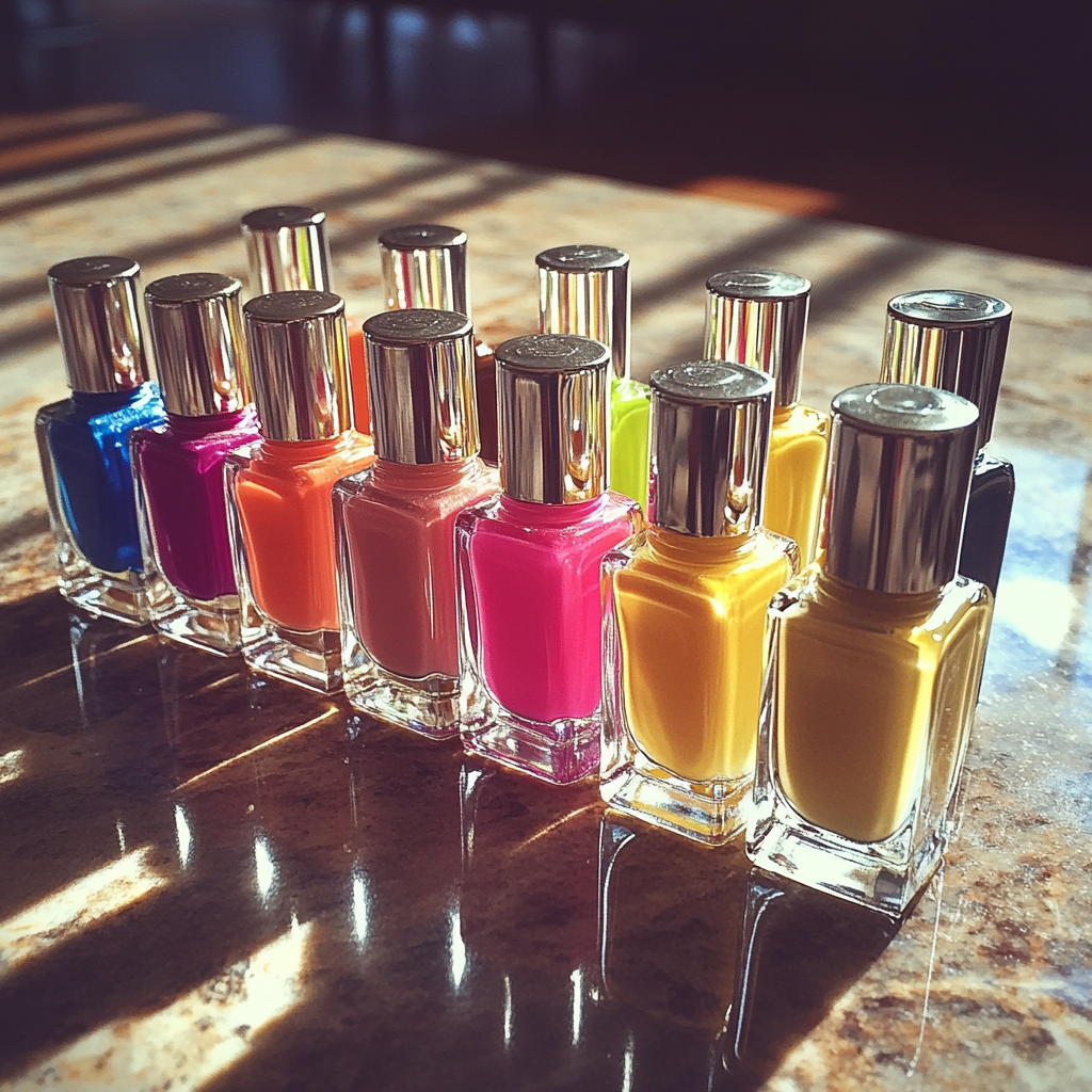 Botellas de esmalte de uñas sobre una mesa | Fuente: Midjourney