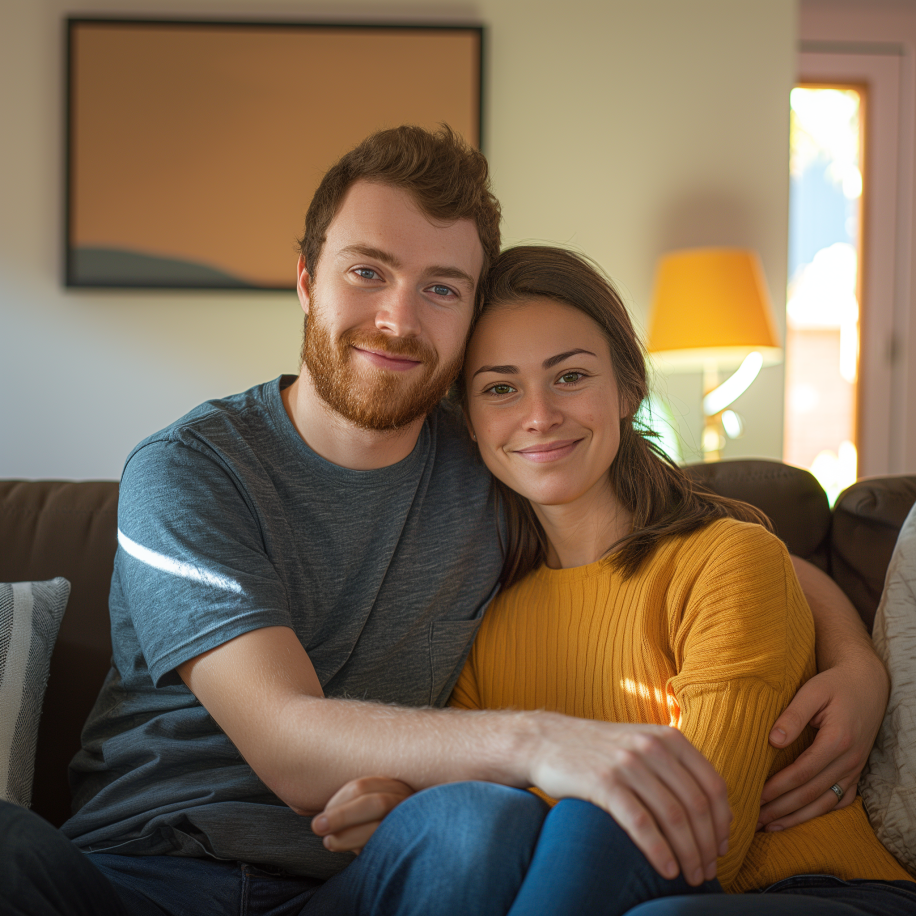 Una pareja enamorada sentada en el sofá | Fuente: Midjourney