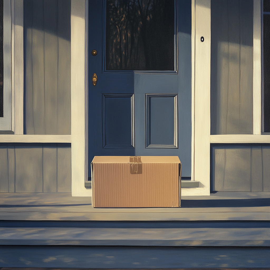 Una caja de cartón en un porche | Fuente: Midjourney