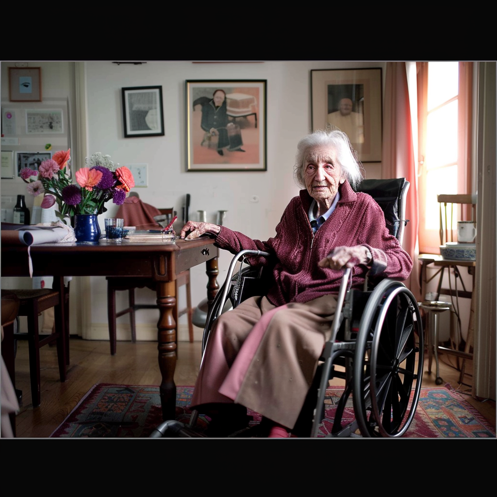 Anciana en silla de ruedas | Fuente: Midjourney