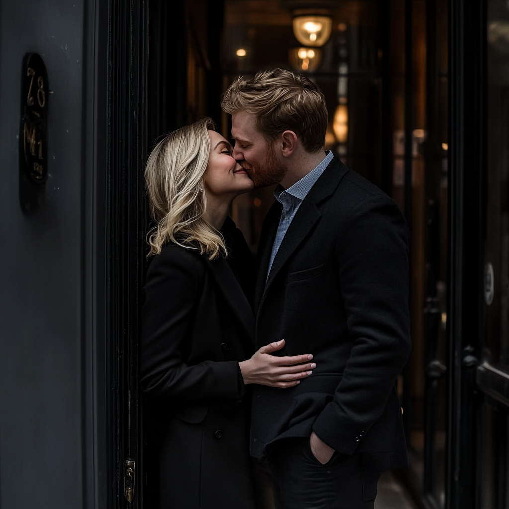 Una pareja besándose junto a la puerta de un edificio | Fuente: Midjourney