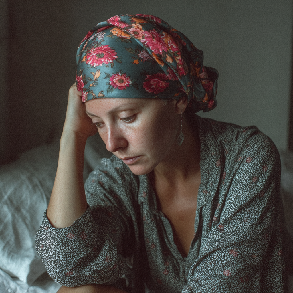 Una mujer enferma sentada en la cama | Fuente: Midjourney