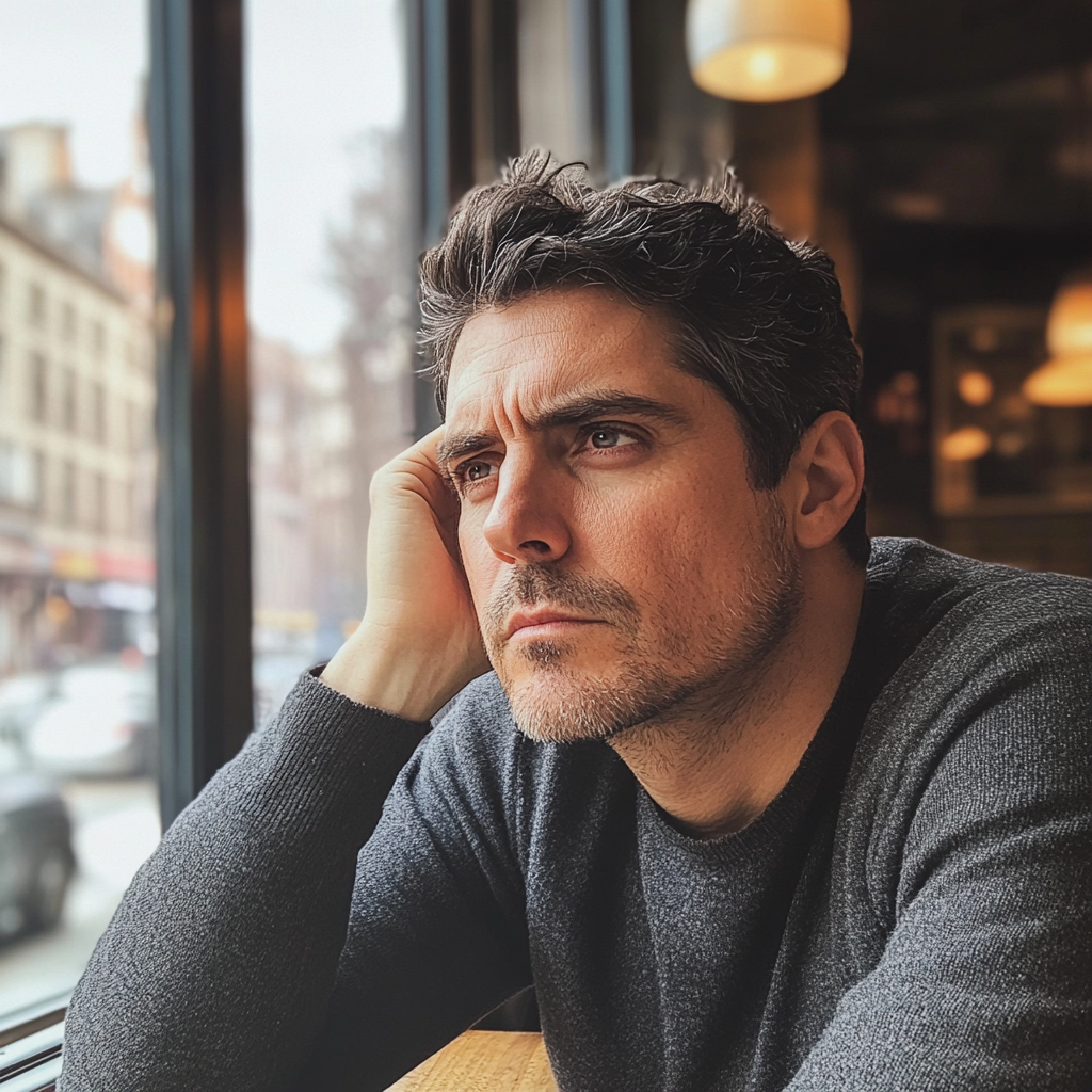 Un hombre sentado en una cafetería | Fuente: Midjourney