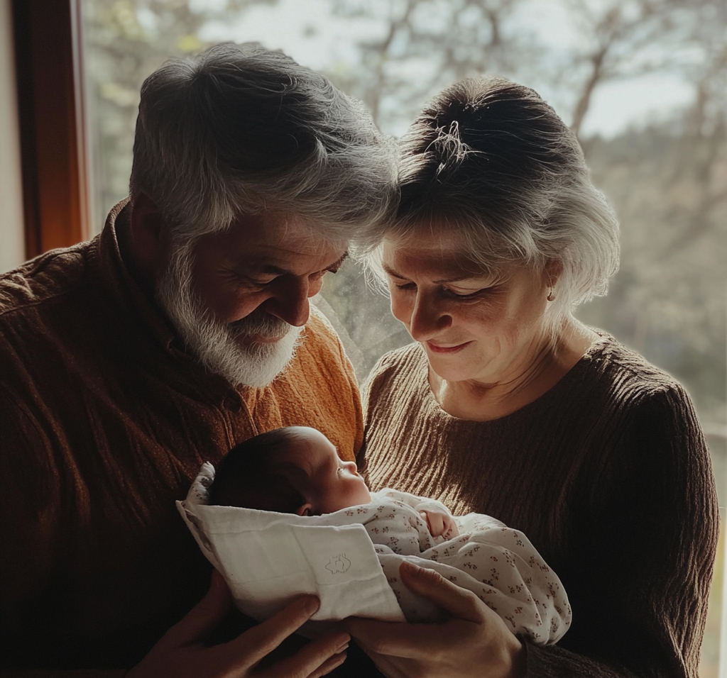 Pareja de ancianos estrechando lazos con su nieto | Fuente: Midjourney